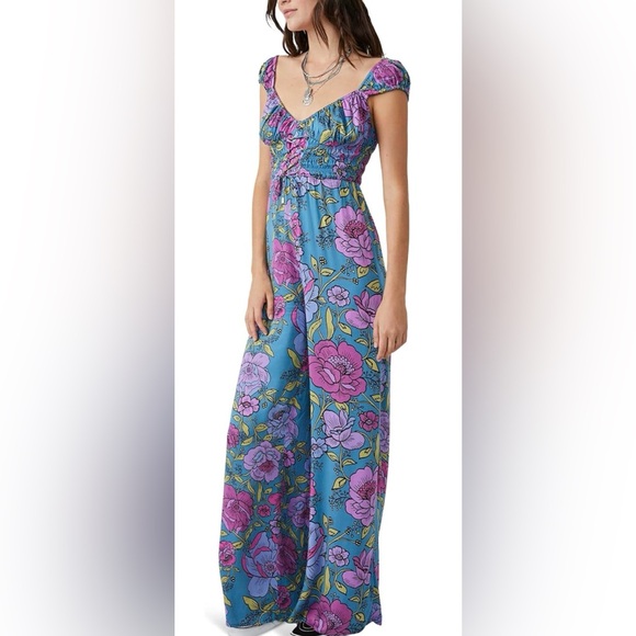 Free People Rolling Hills Jumpsuit Bluebell Combo OB1617140 NWT Size M - Picture 2 of 13